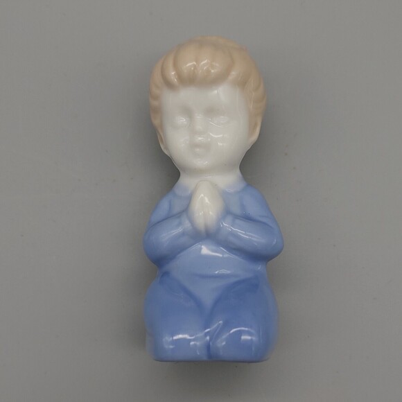 Vintage Praying Little Girl Blue Nightgown Red Bow Japan Porcelain Figurine - Picture 6 of 14